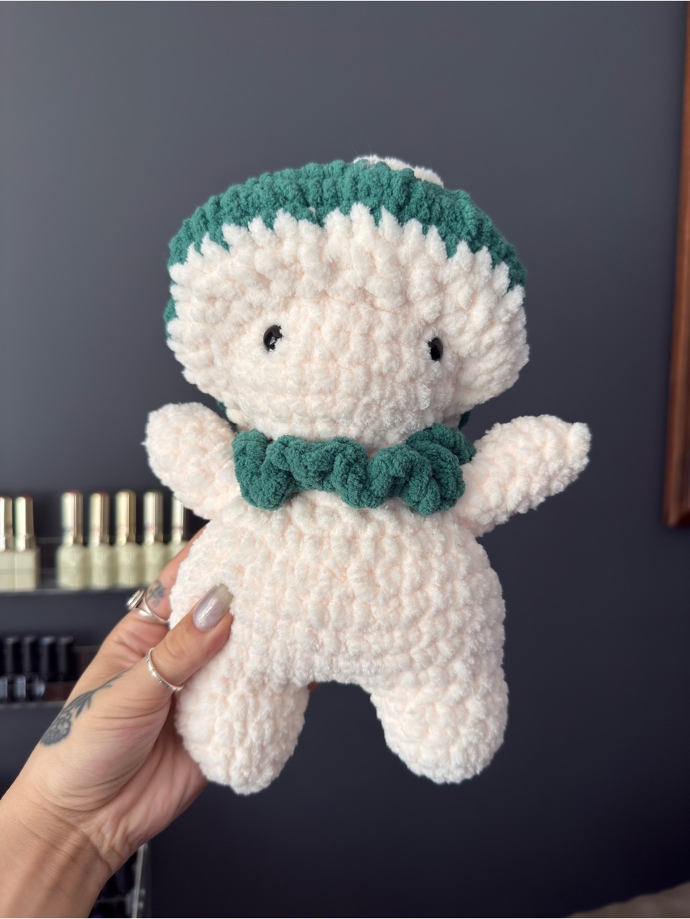 crocheted green mushroom guy